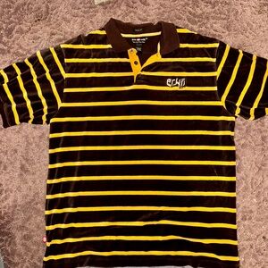 Ecko Unlimited Men's Black and Yellow Striped Polo Shirt